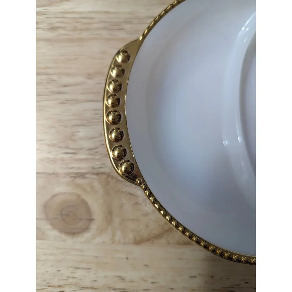 Fire King Milk Glass Divided relish tray gold‎ tone hobnail rim 11x8 inch